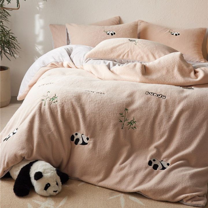 Panda-Bettwäsche-Set, Milchfleece, 4-teilig, winterwarm