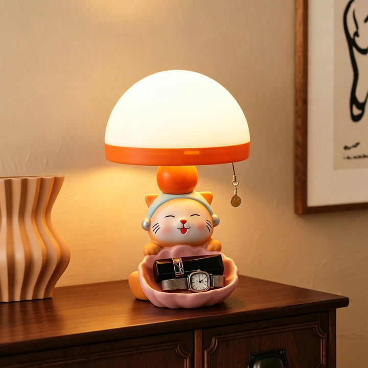 Cartoon-Katzentischlampe mit Stauraum