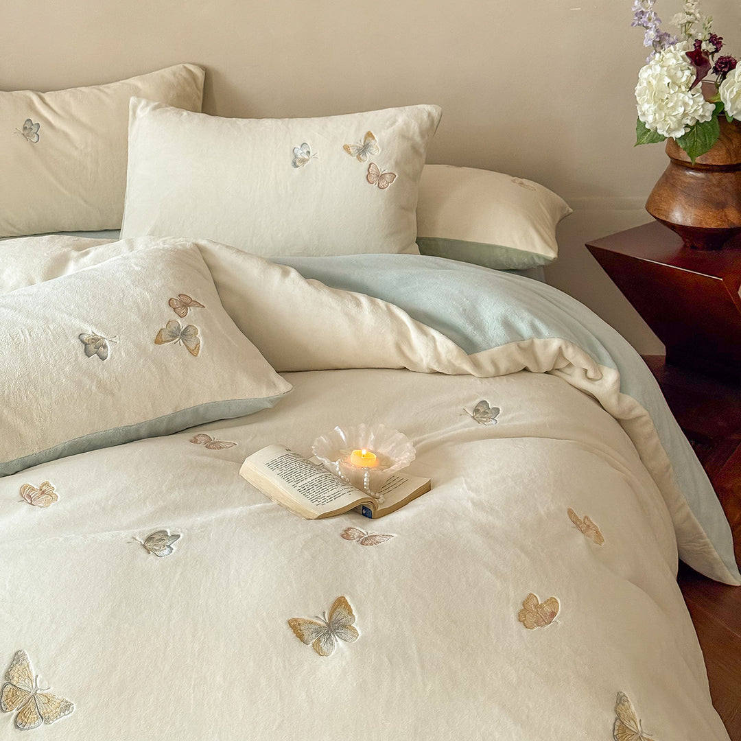 Milchfaser-Fleece Bettwäsche-Set, winterwarm, bestickt