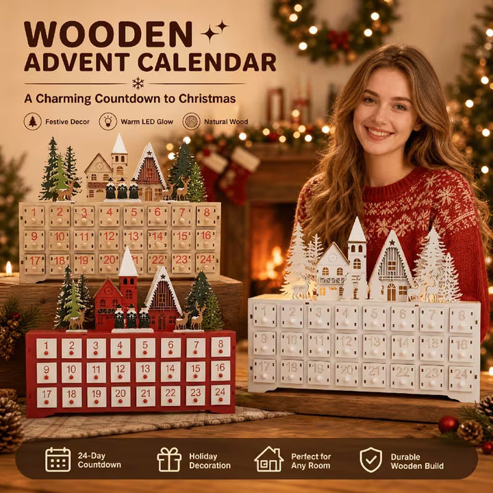 Beleuchteter Holz-Adventskalender im Dorf-Design