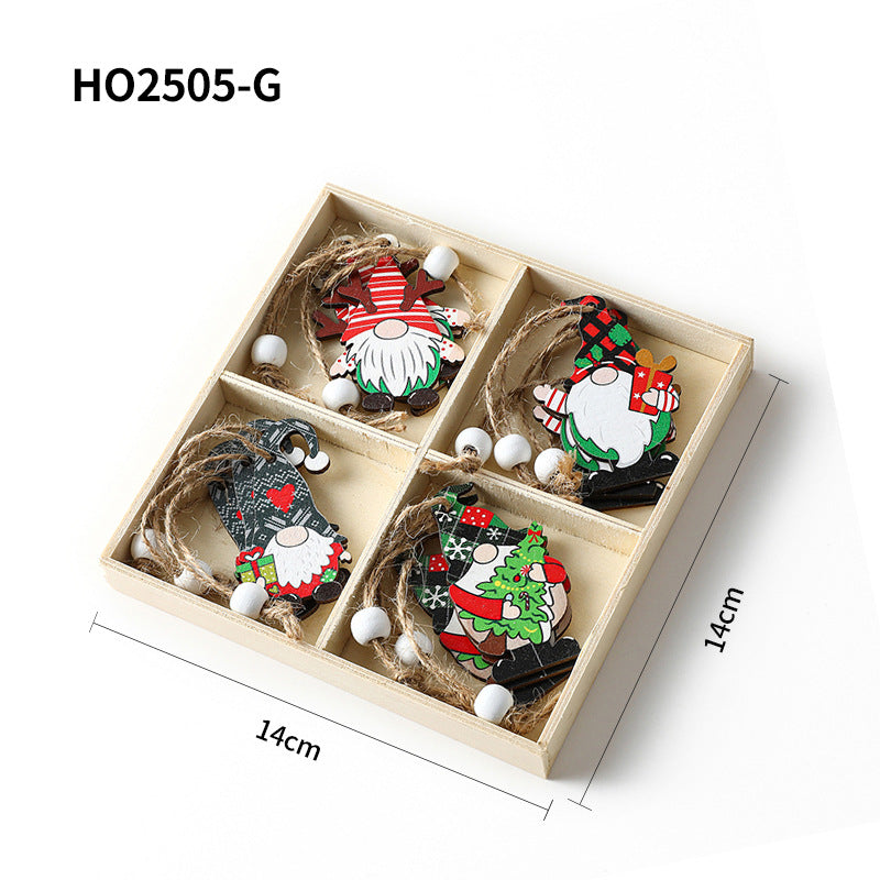 Weihnachts-Holzanhänger-Set, 4-teilige Box mit Wichtel-Motiven