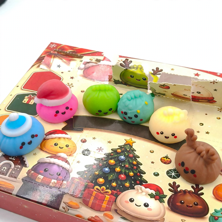 Adventskalender mit 24 Quetschfiguren in Obst- und Gemüseform