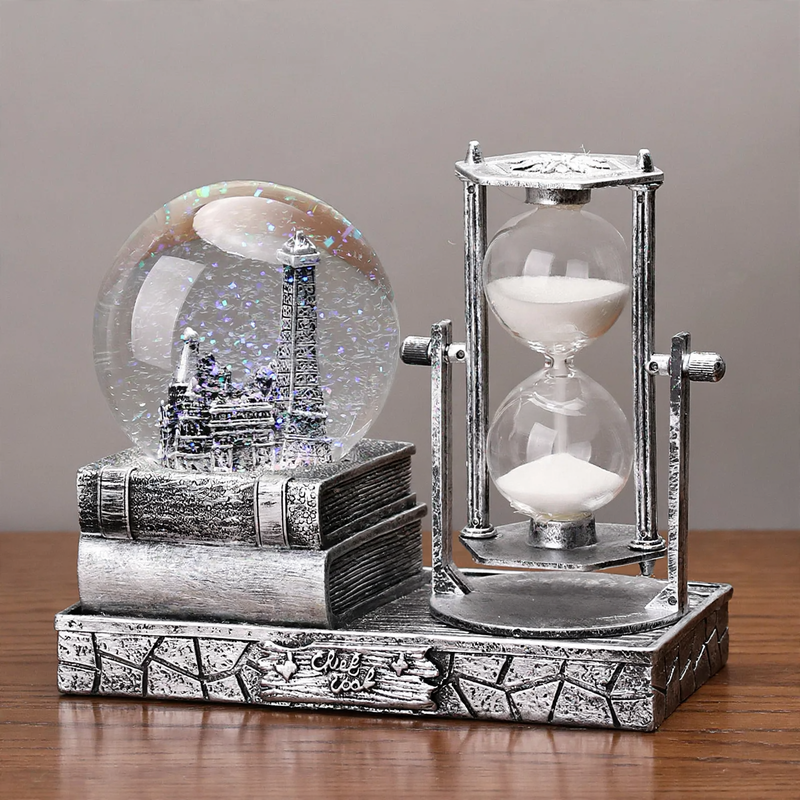 Retro Eiffelturm Sanduhr mit Spieluhr und Glaskugel