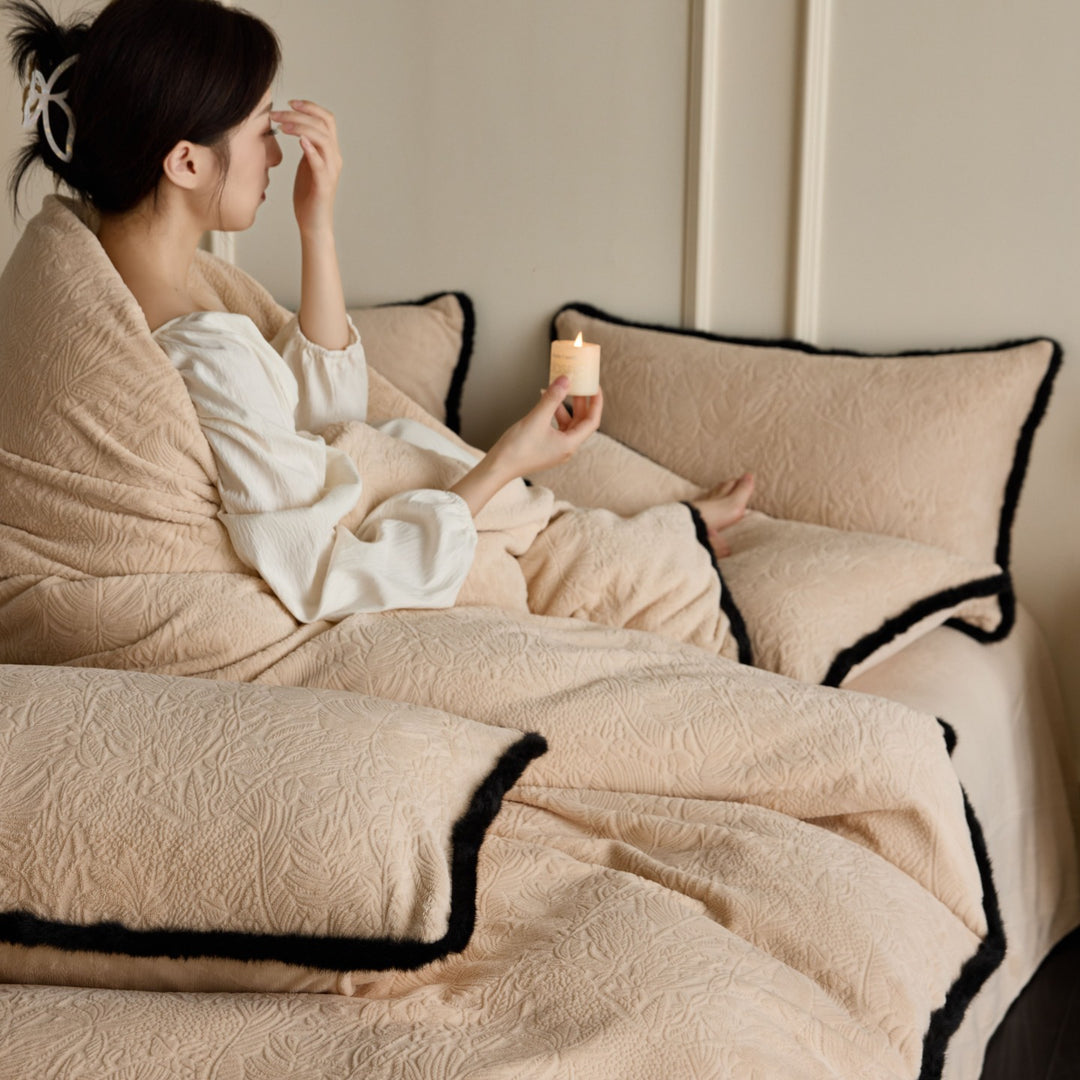 Milchfaser-Fleece Bettwäsche-Set, verdickt, im Retro-Stil
