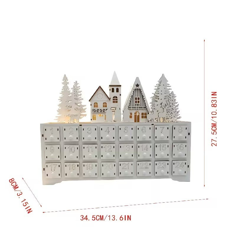 Beleuchteter Holz-Adventskalender im Dorf-Design