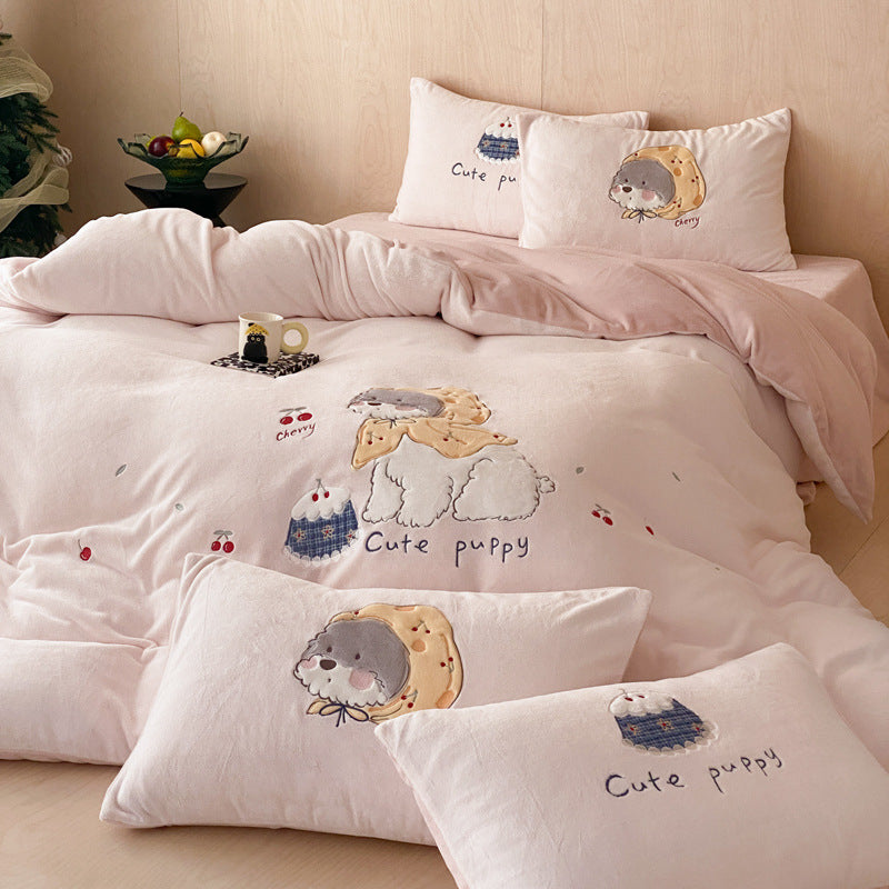 Milchfaser-Fleece Bettwäsche-Set, Cartoon-Design, warm