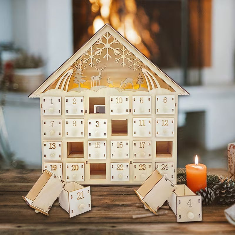 Beleuchteter Holz-Adventskalender im Hütten-Design