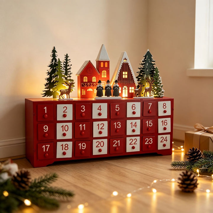 Holz-Adventskalender, Dorf-Design, 24 Fächer
