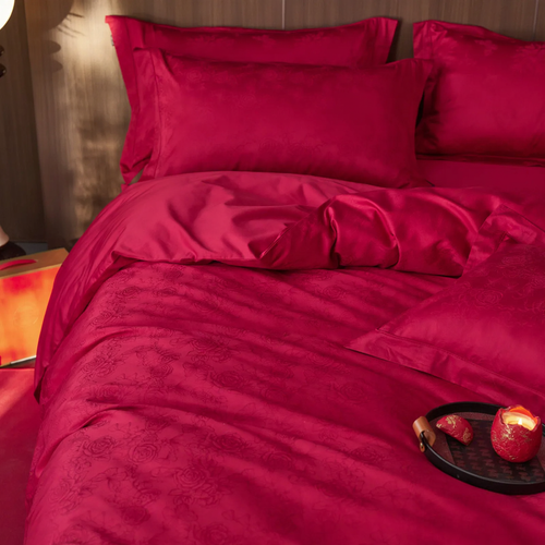Hochzeits-Bettwäsche, 4-teilig, Rot mit Blumenmuster