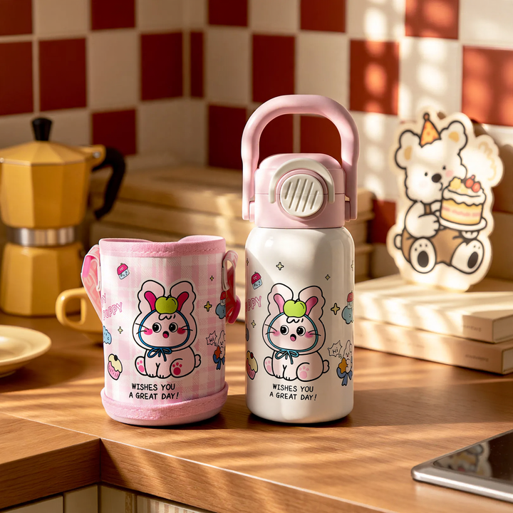 Kinderthermosflasche mit Saugnapf und Trinkhalm