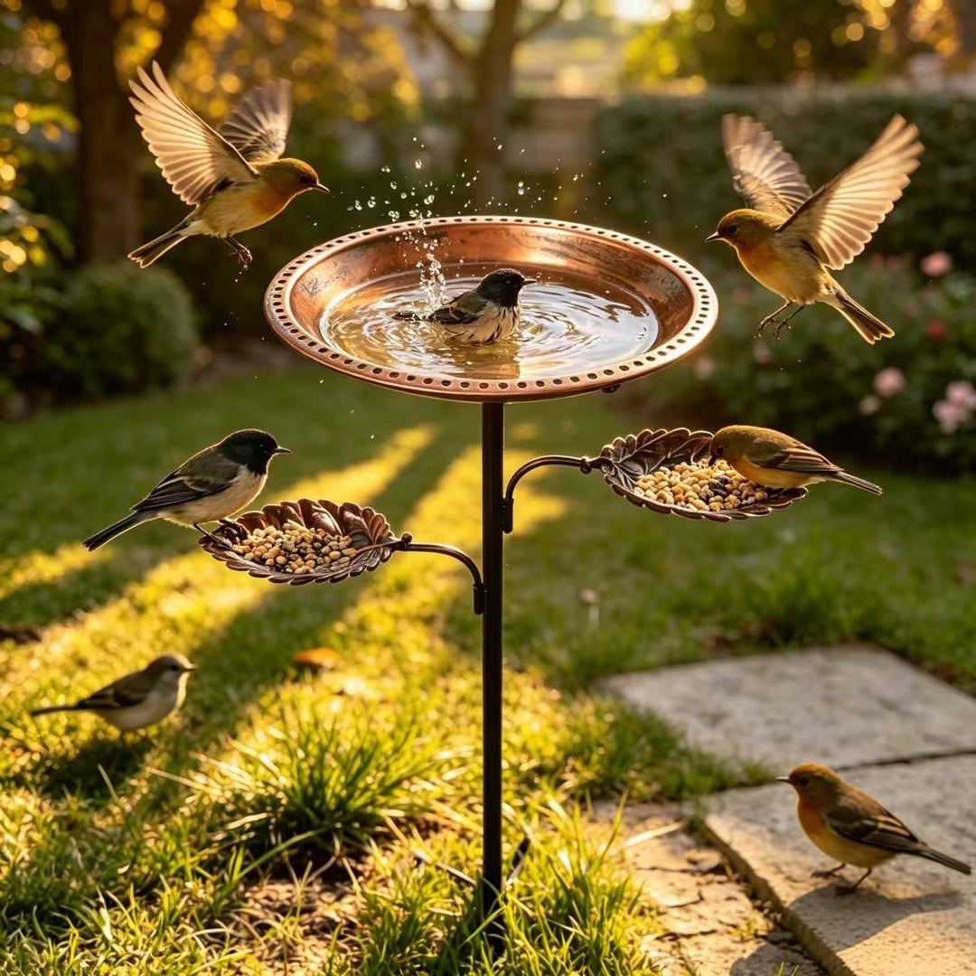 Vogelbad und Futterstation aus Metall, Blatt-Design
