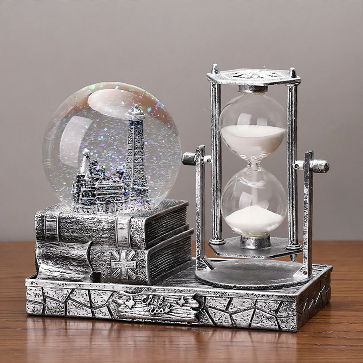 Retro Eiffelturm Sanduhr mit Spieluhr und Glaskugel