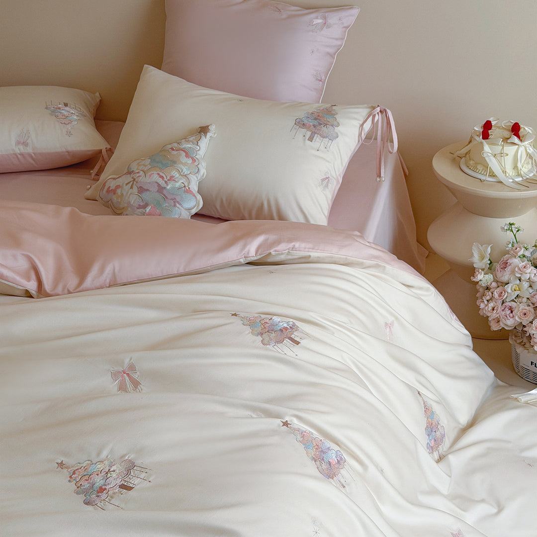 Bestickte Langstapelbaumwoll-Bettwäsche mit Blumenmuster