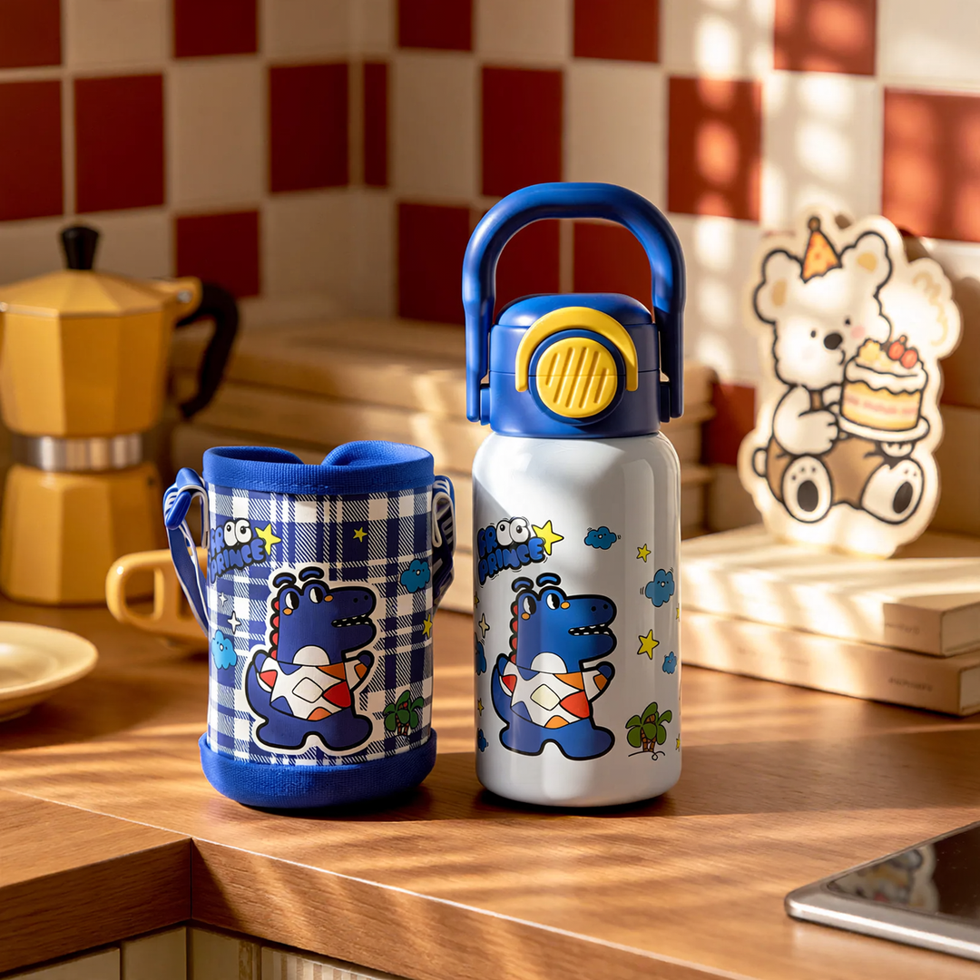 Kinderthermosflasche mit Saugnapf und Trinkhalm