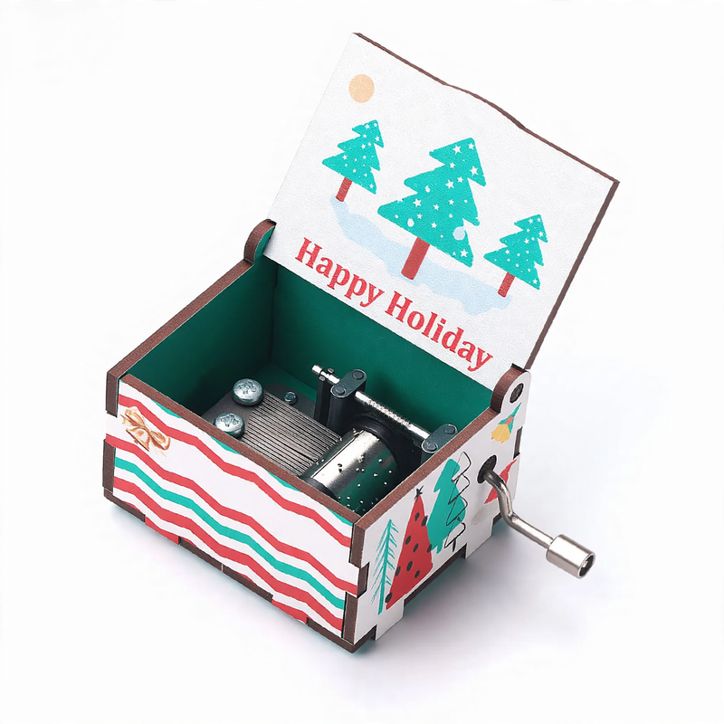 Holz-Spieluhr mit Weihnachtsmotiven, handbetrieben