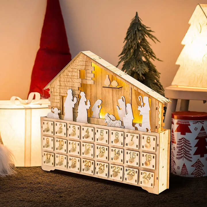 LED-Adventskalender aus Holz, Krippenszene