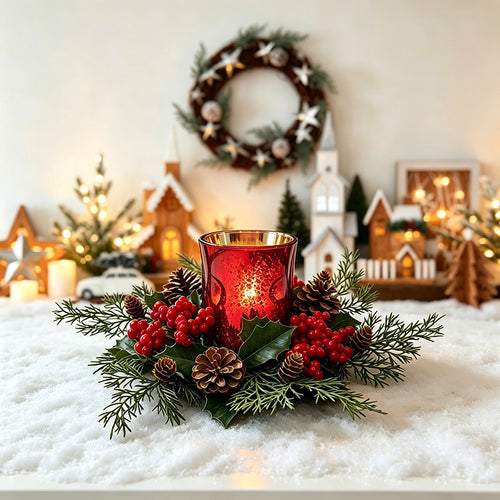 Weihnachtlicher Kerzenkranz mit roten Beeren und Tannennadeln