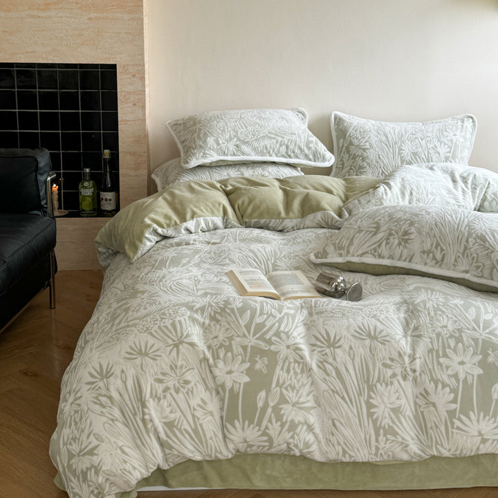 Französisches Milchfleece-Bettwäsche-Set, floral, warm