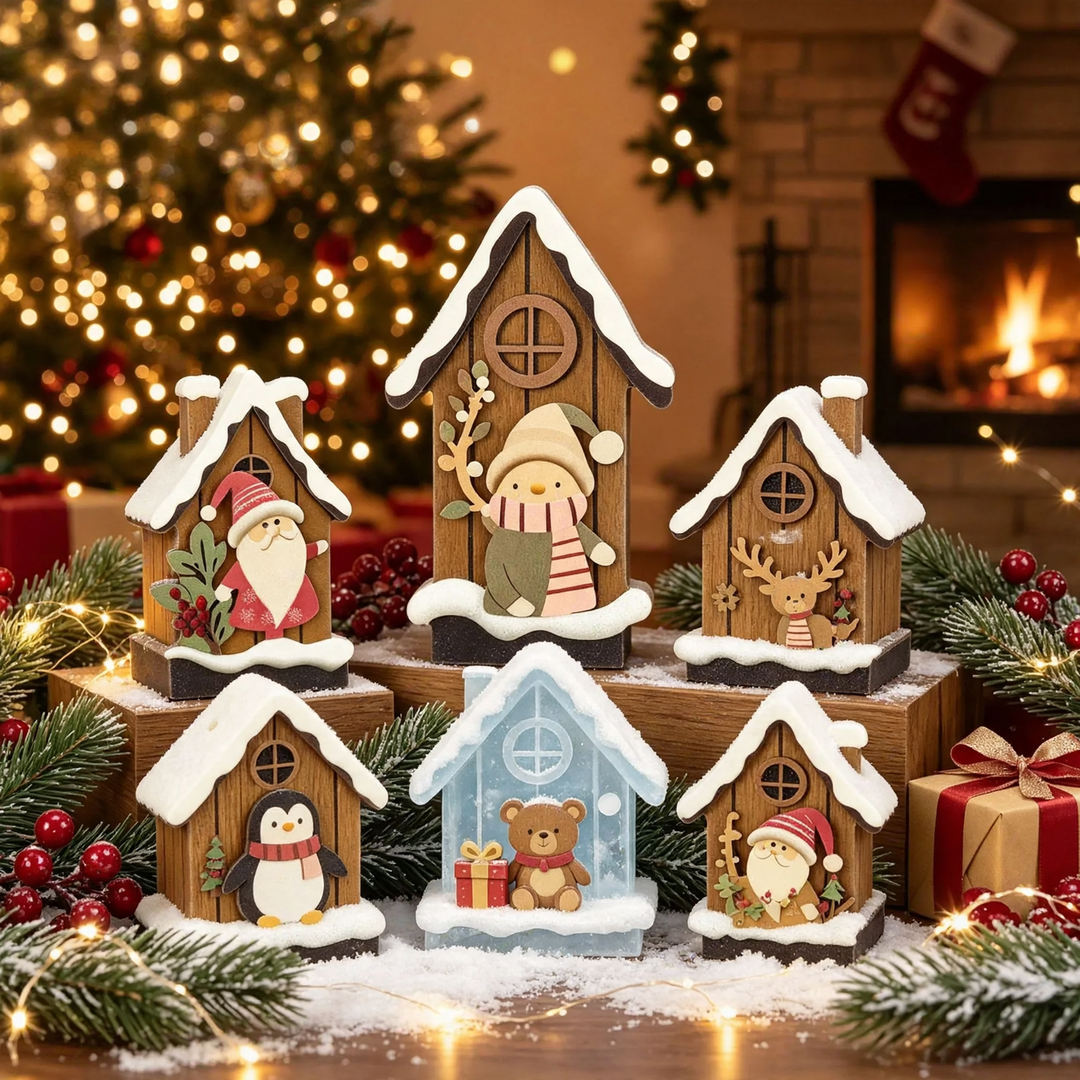 Beleuchtetes Weihnachts-Holzhaus-Set für Tischdekoration