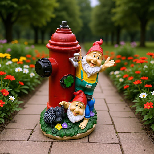 Wichtelfigur mit roter Mütze und Hydranten-Motiv