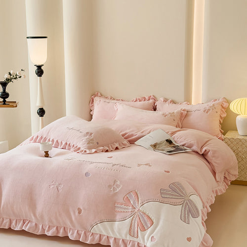 Milchfaser-Fleece Bettwäsche-Set, winterwarm, mit Spitzenbesatz