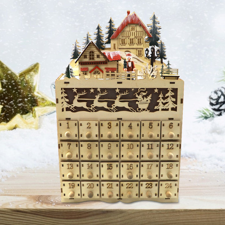 Weihnachtlicher Adventskalender aus Holz mit Dorf-Szene