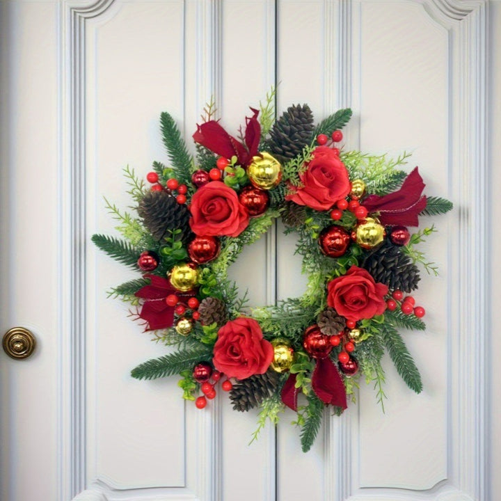 Weihnachtskranz mit Rosen und Goldkugeln, 50 cm