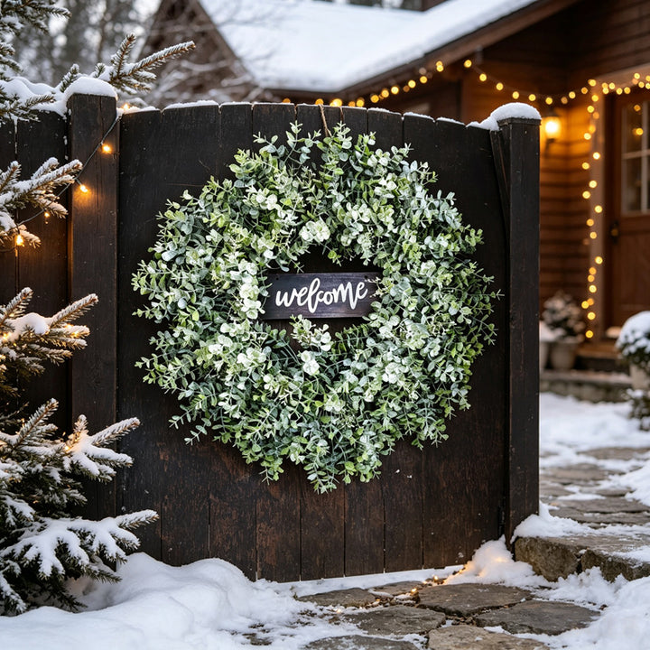 Weihnachtlicher Eukalyptus-Kranz mit Welcome-Schild 60 cm