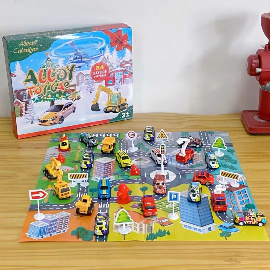 Weihnachts-Adventskalender mit Spielzeugfahrzeugen
