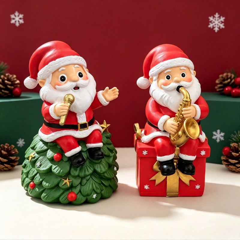 Weihnachtsmann-Figur mit Instrument, Harz-Deko