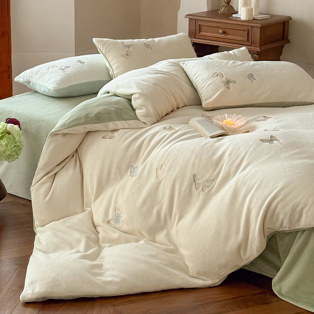 Milchfaser-Fleece Bettwäsche-Set, winterwarm, bestickt