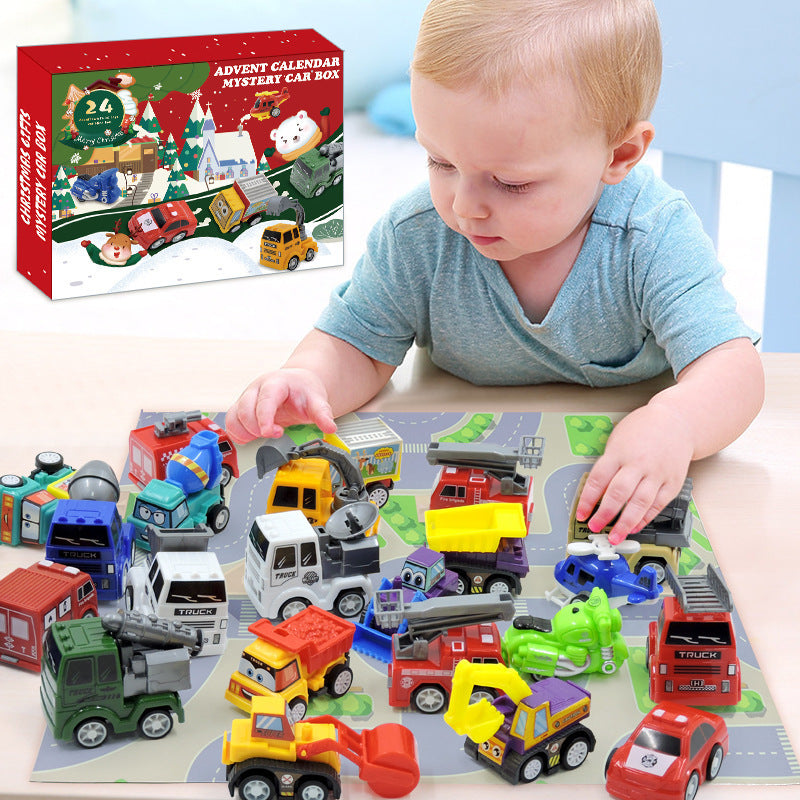 Weihnachts-Adventskalender mit Spielzeugfahrzeugen