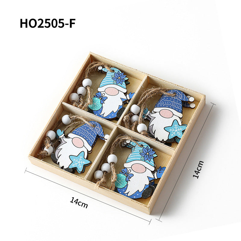 Weihnachts-Holzanhänger-Set, 4-teilige Box mit Wichtel-Motiven