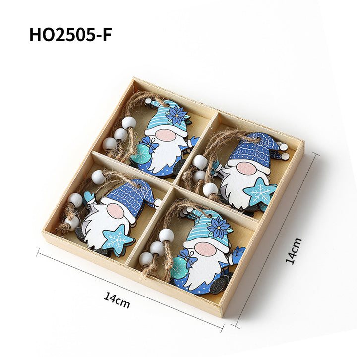 Weihnachts-Holzanhänger-Set, 4-teilige Box mit Wichtel-Motiven