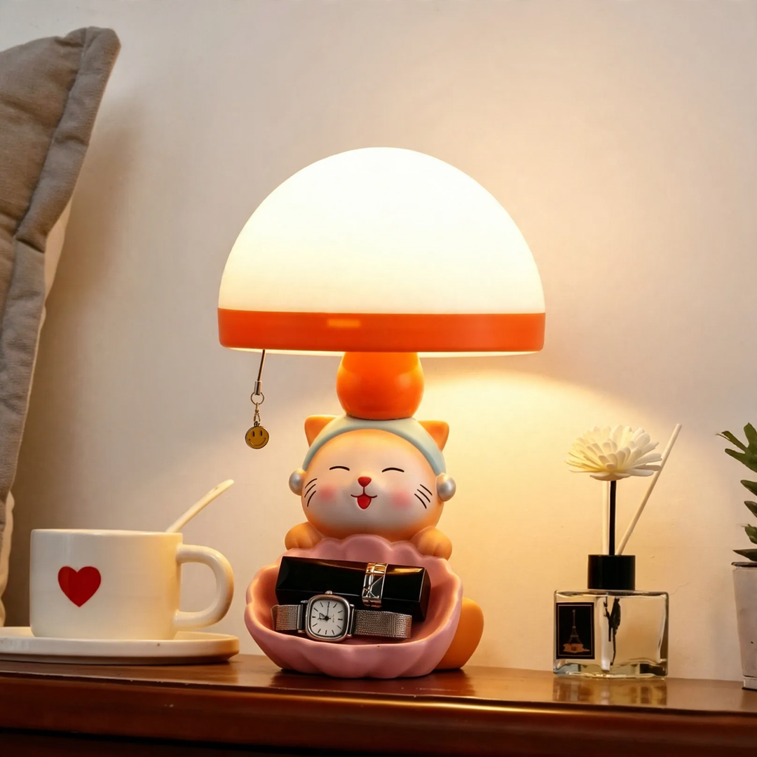 Cartoon-Katzentischlampe mit Stauraum