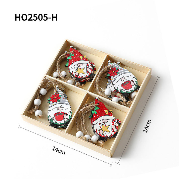 Weihnachts-Holzanhänger-Set, 4-teilige Box mit Wichtel-Motiven