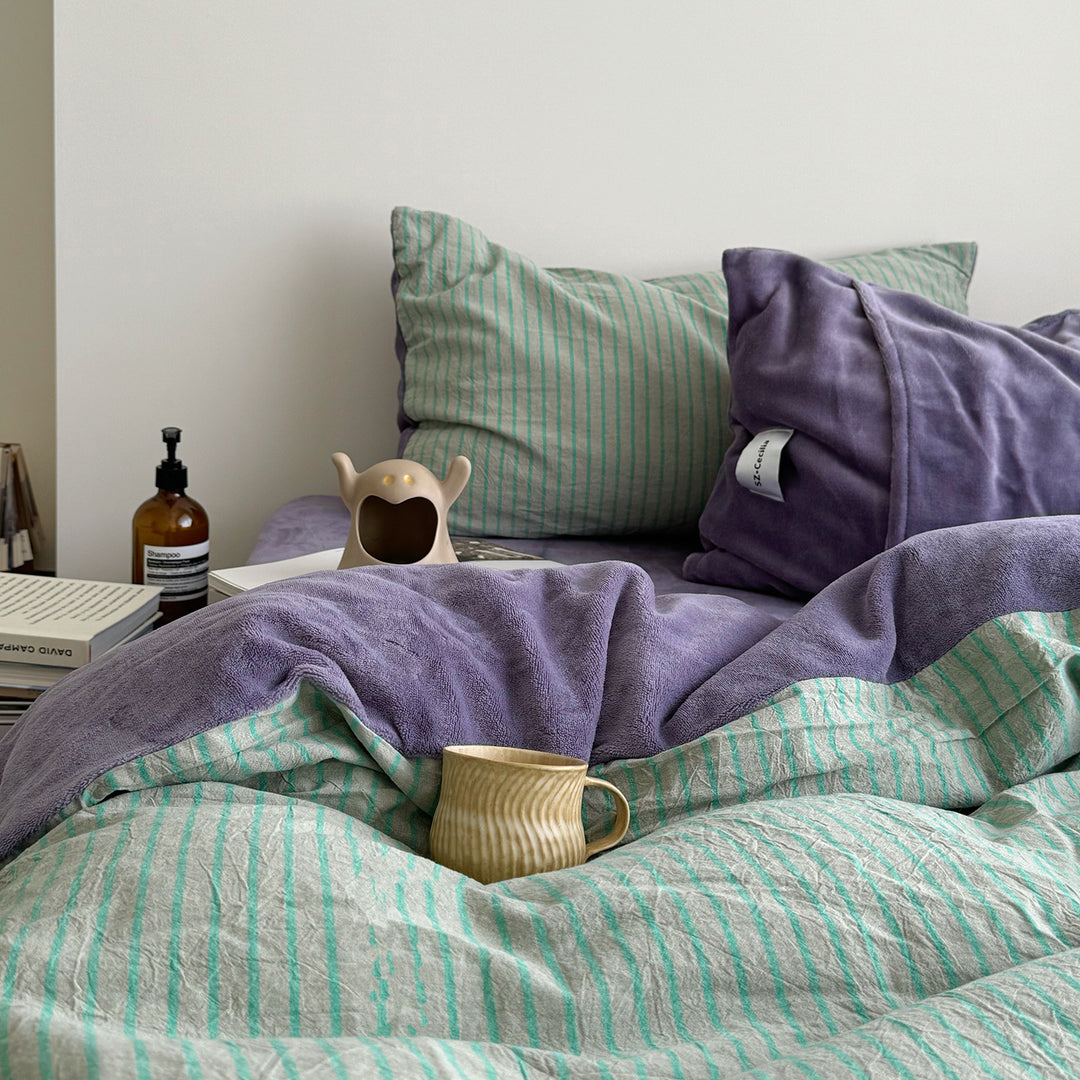 Gestreiftes Bettwäsche-Set aus Milchfaser-Fleece, warm und weich
