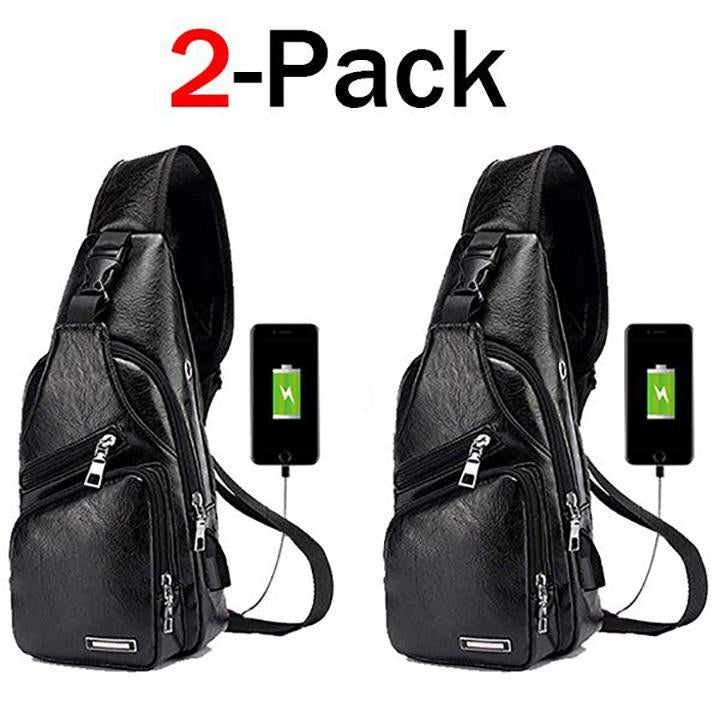 Karnz | Große Herren-Leder-Tasche Brust-Rucksack Wasserfester Crossbody-Bag mit USB