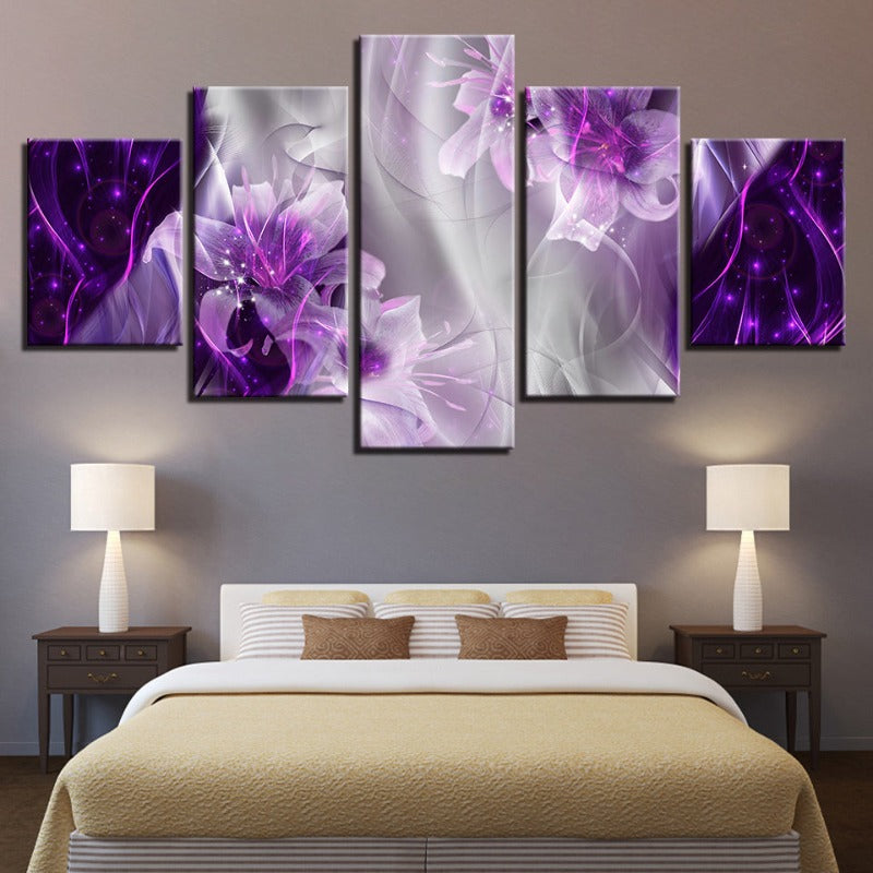 5-Teilig Weiß & Lila Magische Blume - Leinwand Wandkunst Gemälde