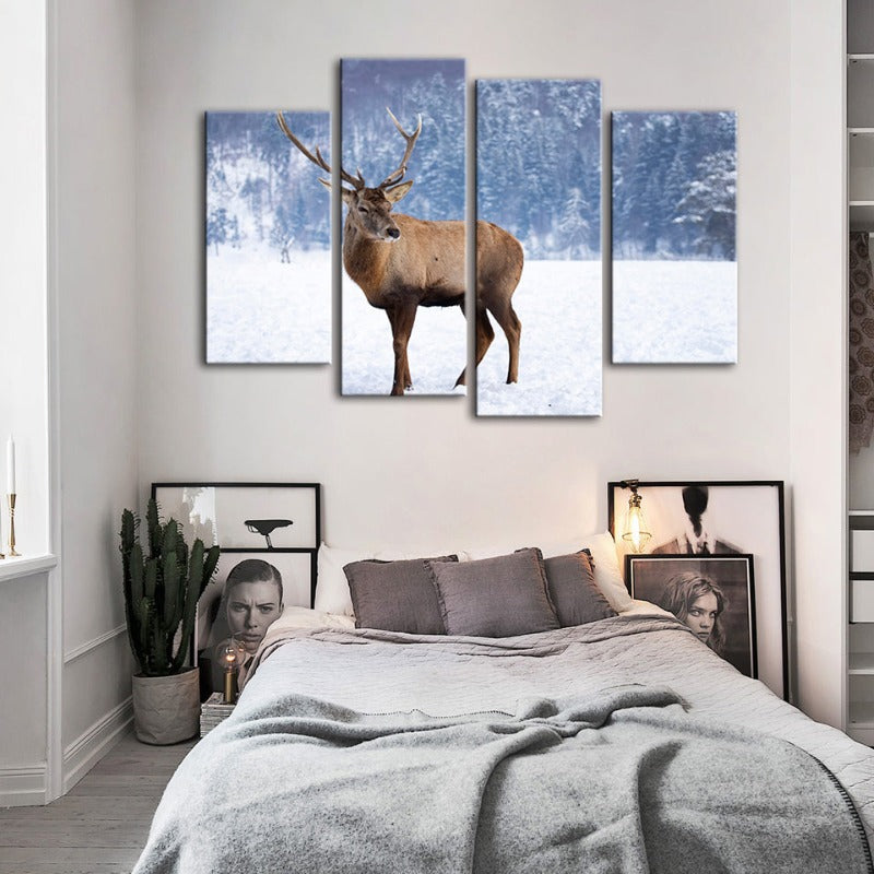 4-teilige verschneite Landschaft Reh - Leinwand Wandkunst Gemälde