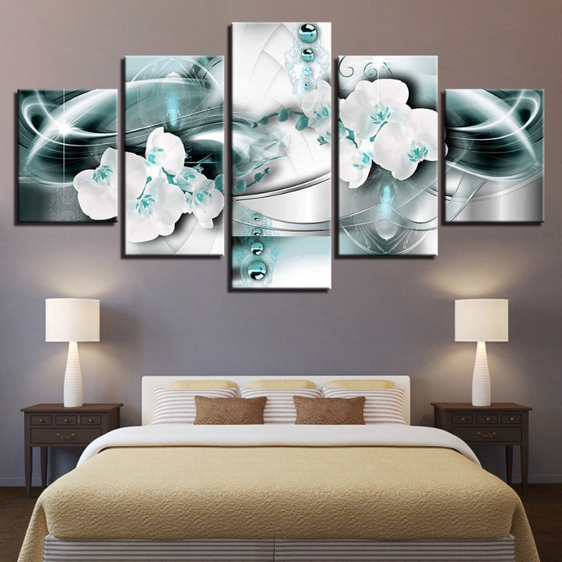 5-teilige meerblaue Hintergrund & Farbweiße Blume - Leinwand Wandkunst Gemälde