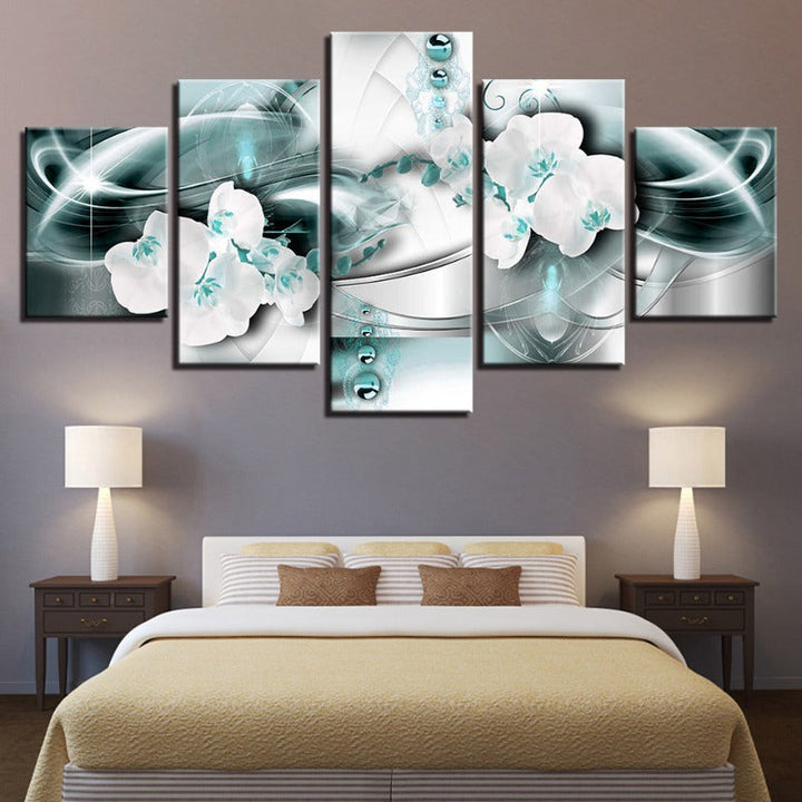 5-teilige meerblaue Hintergrund & Farbweiße Blume - Leinwand Wandkunst Gemälde