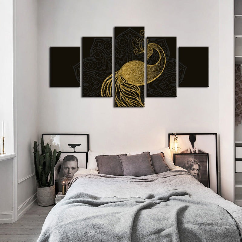 5-teiliges abstraktes goldenes Mandala-Pfau - Leinwand Wandkunst Gemälde