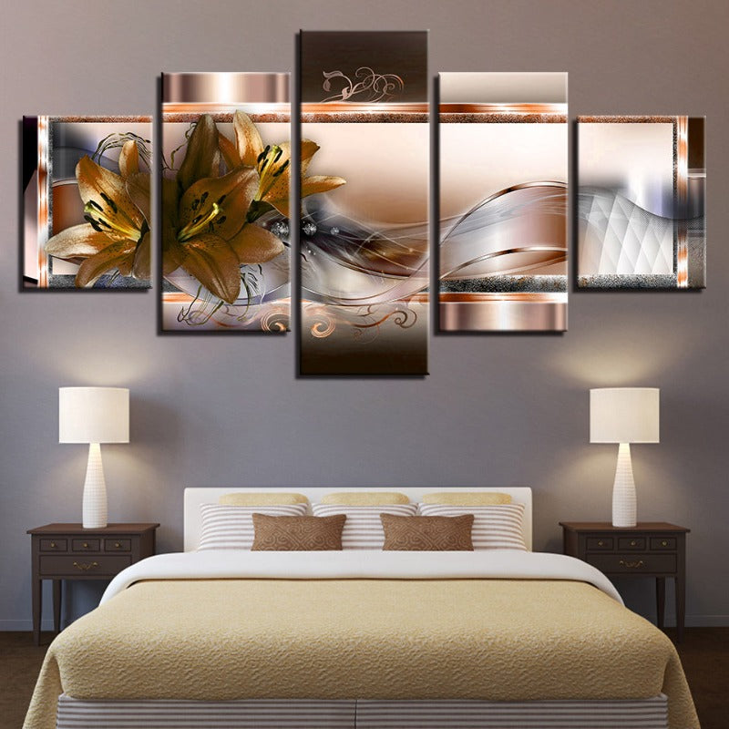 5 Stück Golden Flower - Leinwand Wandkunst Gemälde