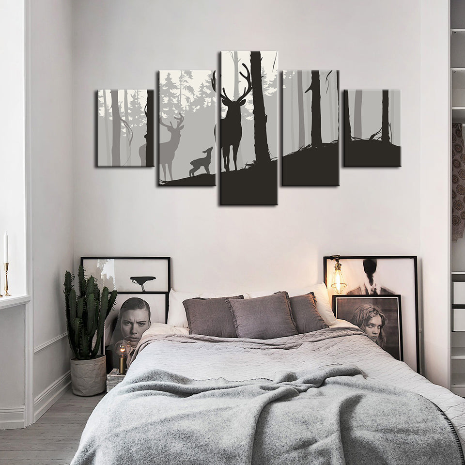 Silhouette einer Hirschfamilie, 5-teilig - Leinwandbild