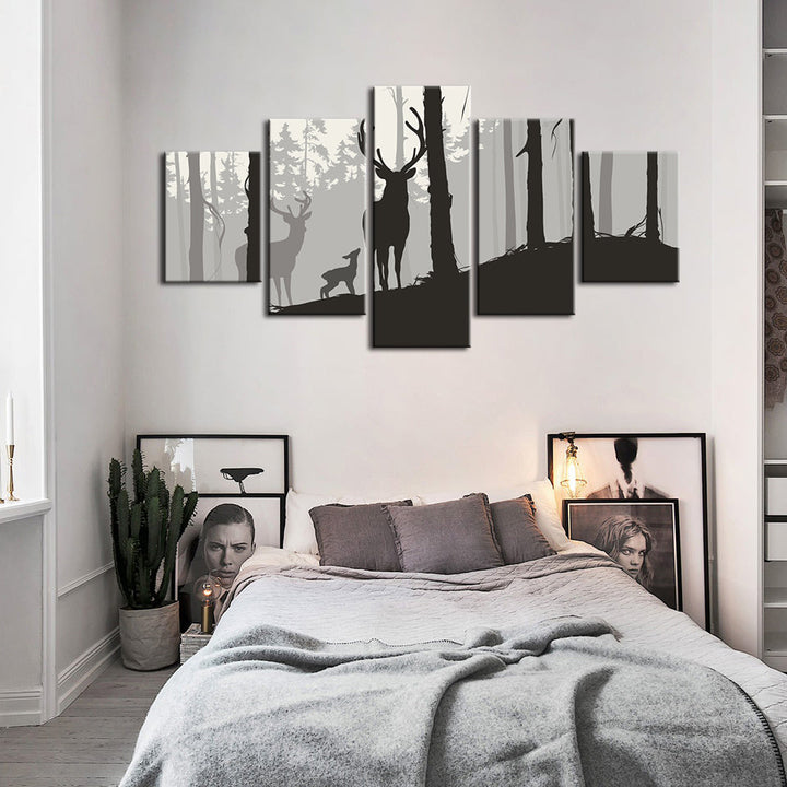 Silhouette einer Hirschfamilie, 5-teilig - Leinwandbild