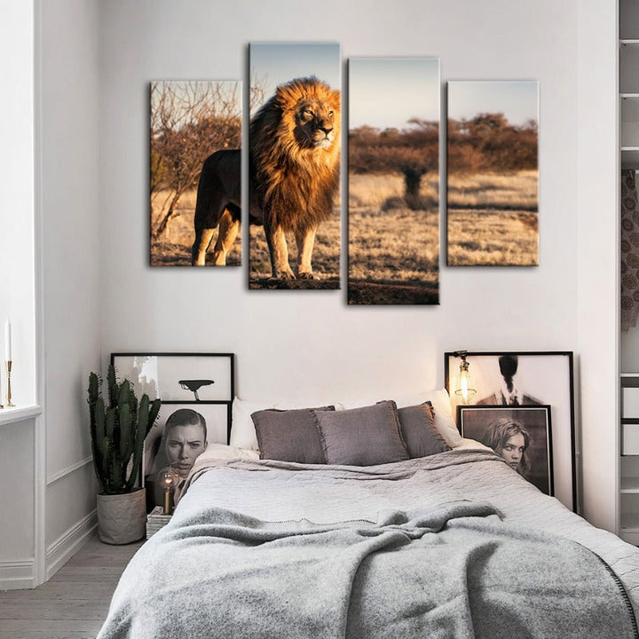 4-teiliger majestätischer Löwe im Sonnenlicht - Leinwand Wandkunst Malerei