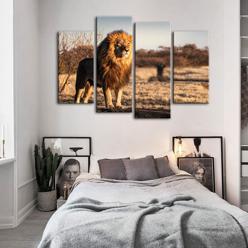 4-teiliger majestätischer Löwe im Sonnenlicht - Leinwand Wandkunst Malerei