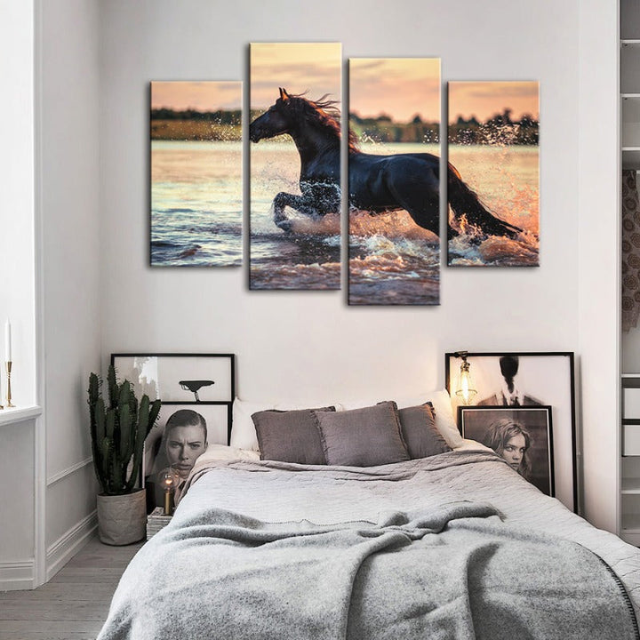 4-teilige laufende Pferde im Wasser - Leinwand Wandkunst Gemälde