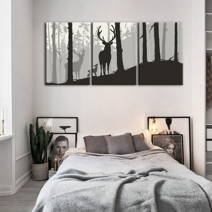 Silhouette einer Hirschfamilie – Leinwandbild, 3-teilig